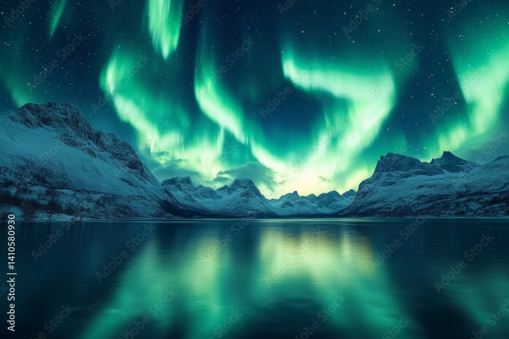 Naklejka premium Captivating aurora borealis dance arctic landscape nature photography nighttime wide angle view natural wonder