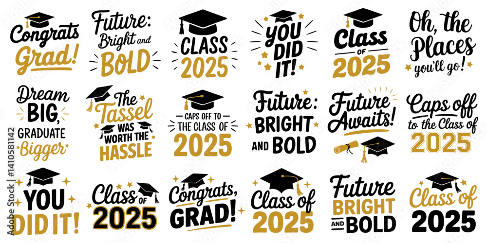 Graduation, vector lettering set, phrases and words, including 