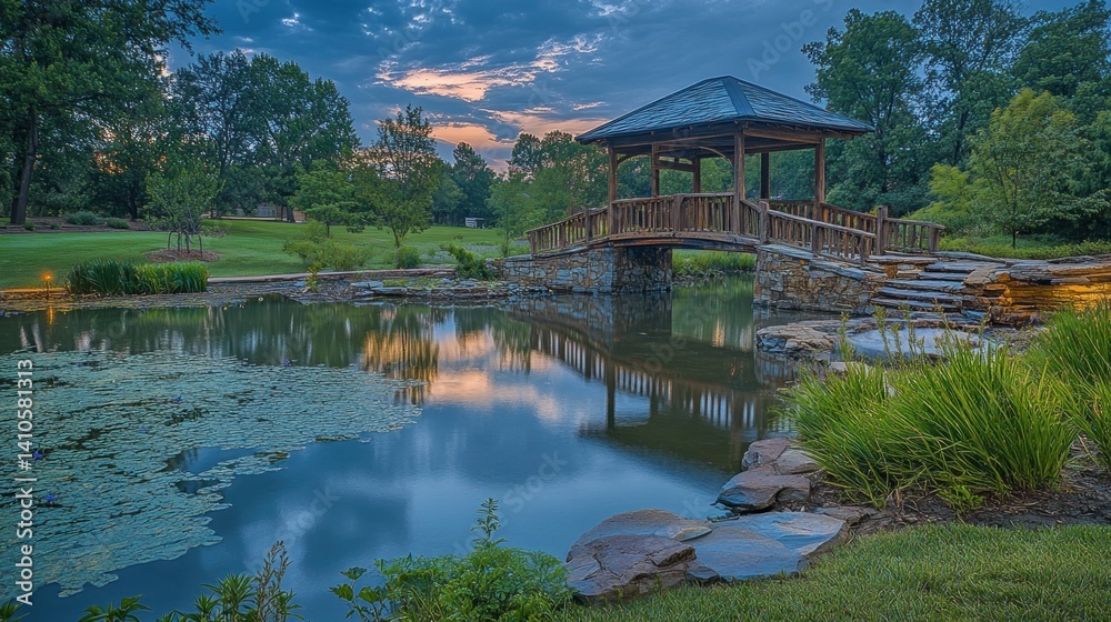 Fototapeta premium A Wooden Bridge Connects Over A Reflective Pond At Dusk