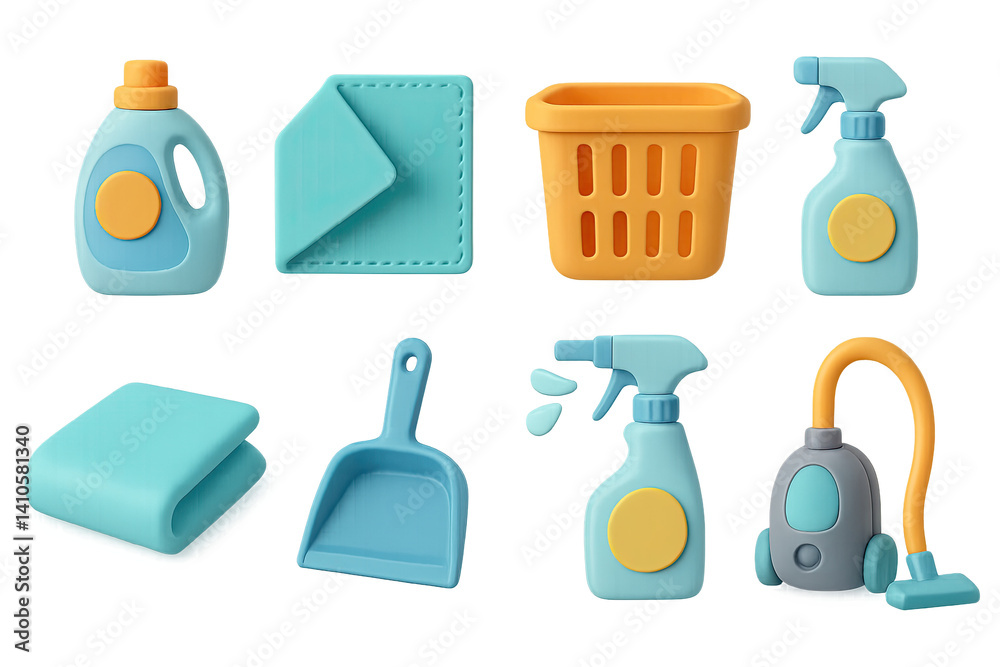 3D icon set of spring cleaning: spray bottle, scrub brush, laundry basket, microfiber towel, cleaning brush, air freshener, bucket, soap. 3d icon. icons set of 3d style in a modern design. Isolated