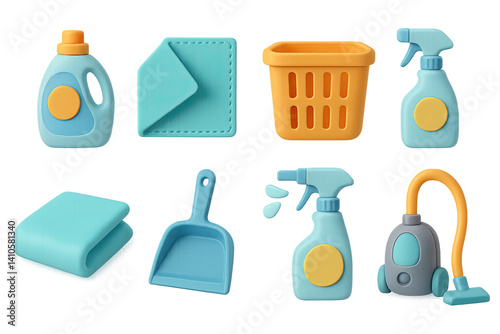 Obraz na płótnie 3D icon set of spring cleaning: spray bottle, scrub brush, laundry basket, microfiber towel, cleaning brush, air freshener, bucket, soap. 3d icon. icons set of 3d style in a modern design. Isolated w salonie