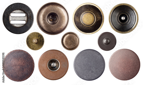 Metal jeans buttons and rivets set collection isolaated on white background.
