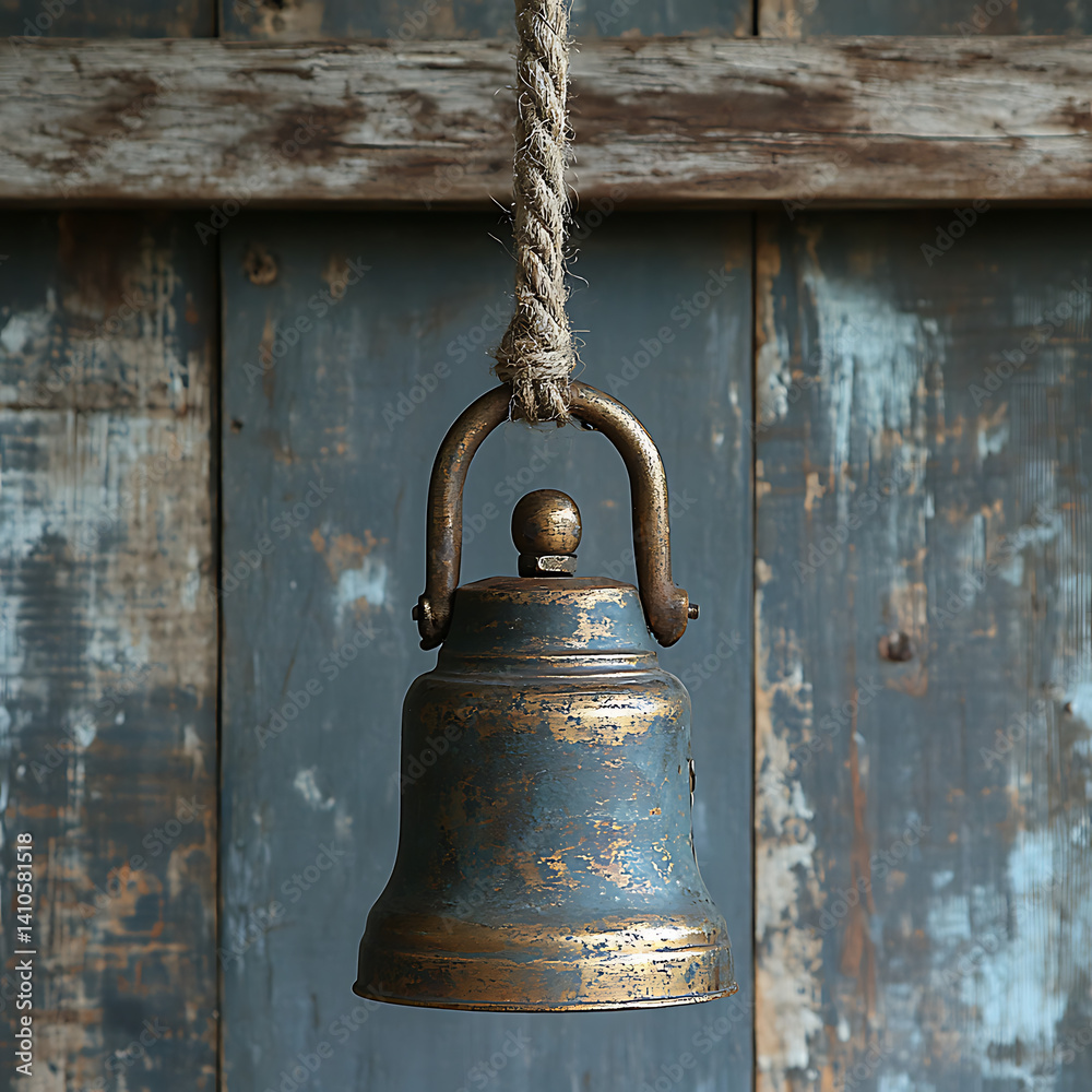 Obraz premium Antique Brass Bell Hanging From Rope Against Distressed Wood Photo