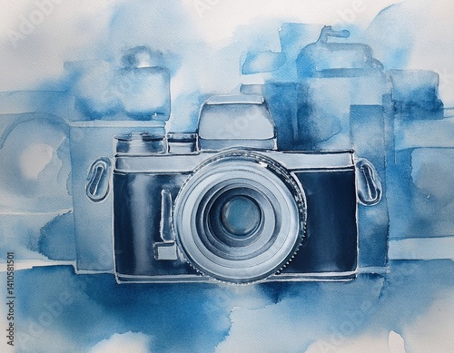 Abstract watercolor painting of vintage camera in blue tones
