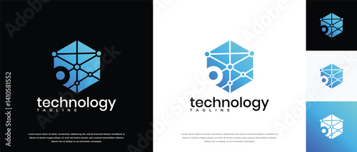 Technology connection hexagon logo design. Technology connection logo template. Technology logo symbol icon