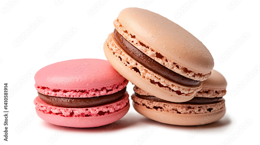 Three macarons with chocolate and pink filling Three macarons with chocolate and pink filling
