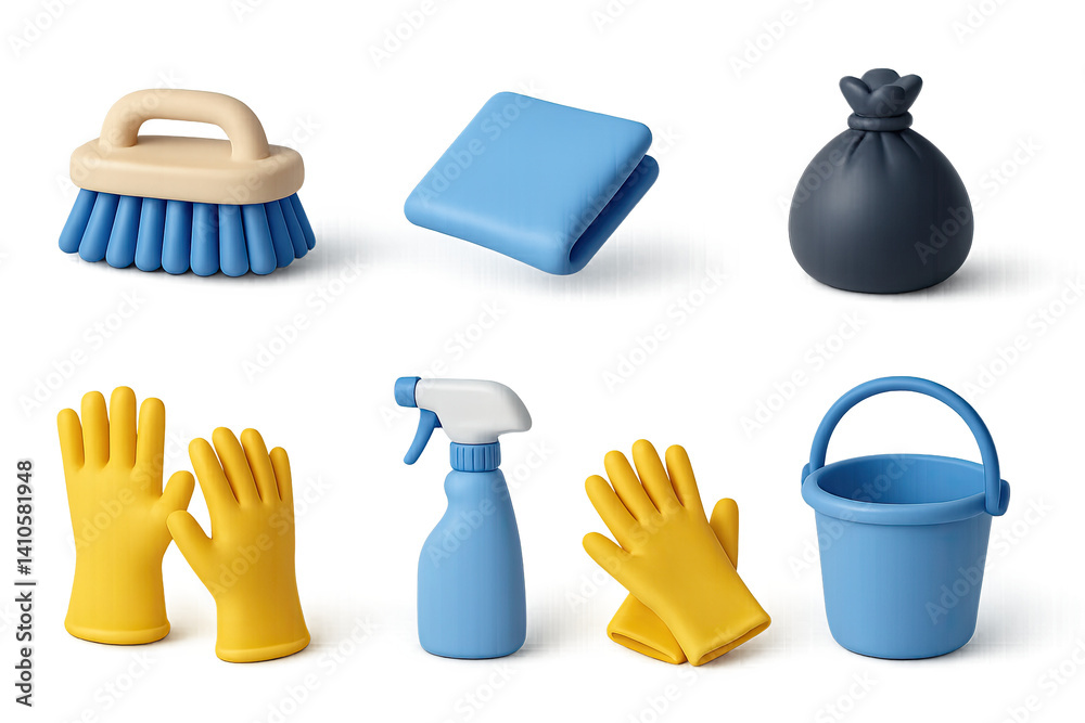 3D icon set of spring cleaning: spray bottle, scrub brush, laundry basket, microfiber towel, cleaning brush, air freshener, bucket, soap. 3d icon. icons set of 3d style in a modern design. Isolated