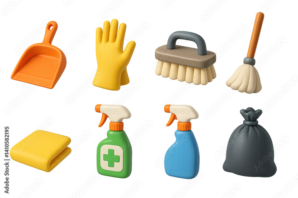 3D icon set of spring cleaning: spray bottle, scrub brush, laundry basket, microfiber towel, cleaning brush, air freshener, bucket, soap. 3d icon. icons set of 3d style in a modern design. Isolated