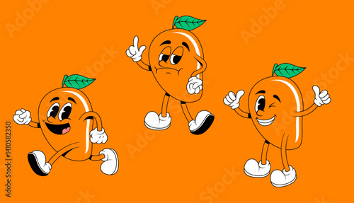 Vintage comic mascot of mango with happy smile face, hands and feet. Mascot of mango with winking eye and happy smile face. Mascot of mango with angry and annoyed face