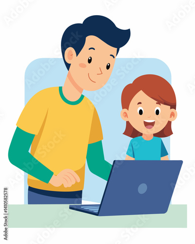 A child patiently teaching their parent how to use a laptop and navigate the internet for the first time.. Vector illustration