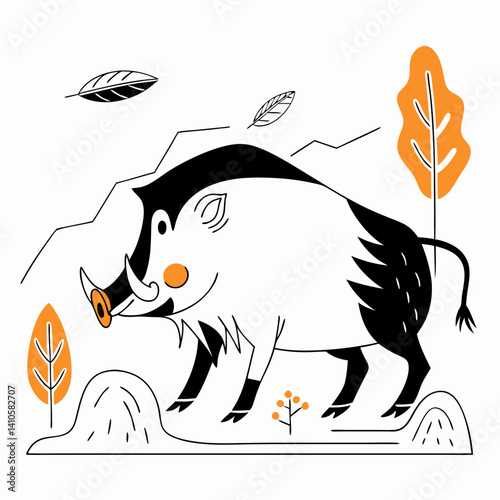 Scary Entelodont vector illustration of a large prehistoric pig with a bulky body, long legs, and huge teeth, known for its aggressive and predatory nature.