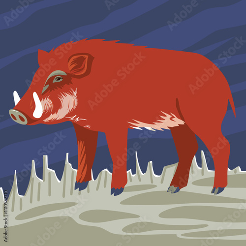 Scary Entelodont vector illustration of a large prehistoric pig with a bulky body, long legs, and huge teeth, known for its aggressive and predatory nature.