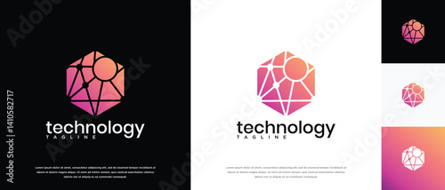 Technology connection hexagon logo design. Technology connection logo template. Technology logo symbol icon