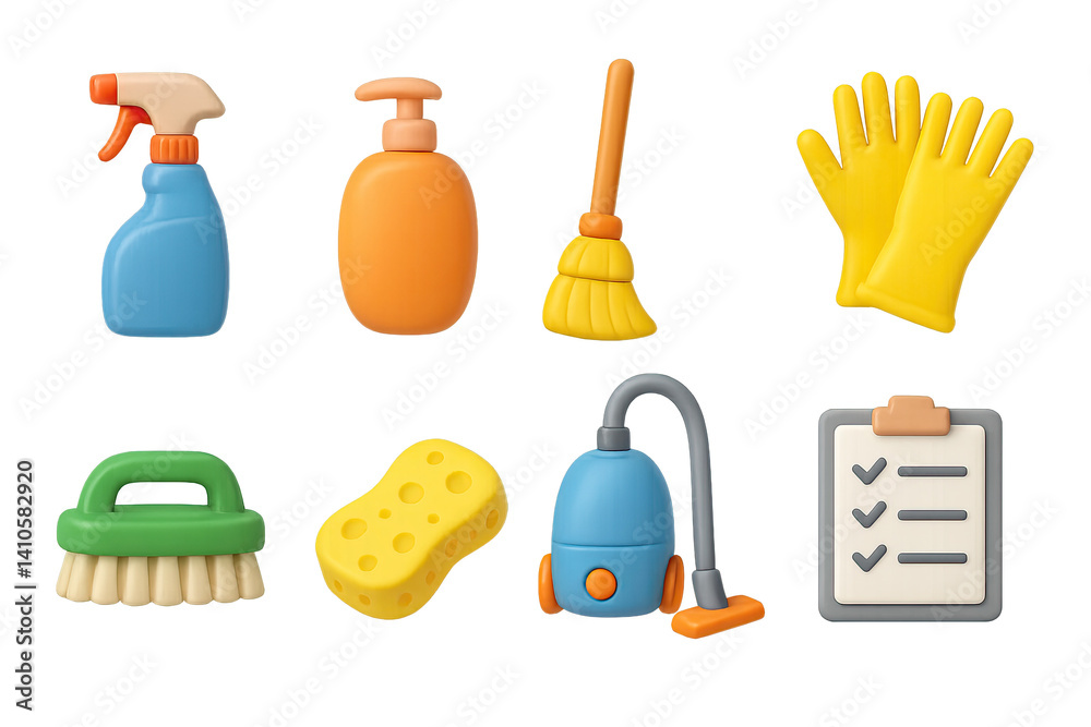 3D icon set of weekend cleaning: spray bottle, soap, broom, rubber gloves, scrub brush, sponge, vacuum cleaner, cleaning checklist. 3d icon. icons set of 3d style in a modern design. Isolated