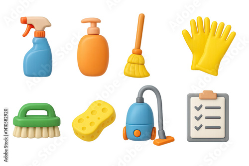 Obraz na płótnie 3D icon set of weekend cleaning: spray bottle, soap, broom, rubber gloves, scrub brush, sponge, vacuum cleaner, cleaning checklist. 3d icon. icons set of 3d style in a modern design. Isolated w salonie