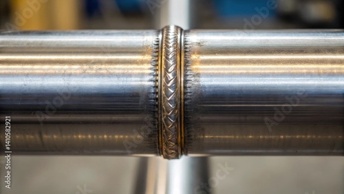 A closeup of the welding seam on a completed pipe joint focusing on the smooth even bead of weld material and the distinct metallic texture contrasting with the raw surfaces of the