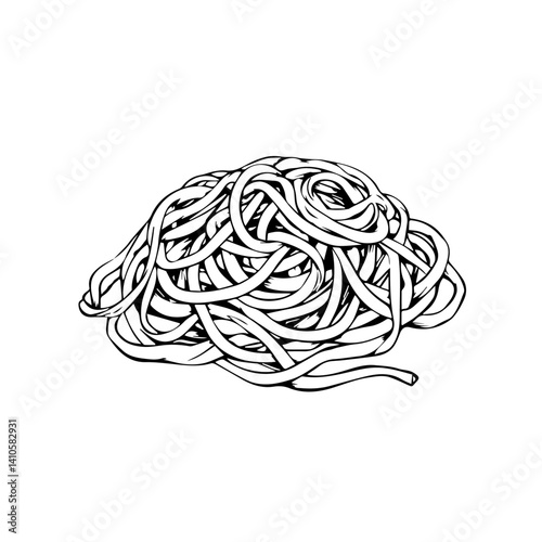 Black and white illustration of tangled spaghetti noodles  