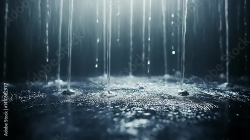 Water streams fall onto a dark, wet surface