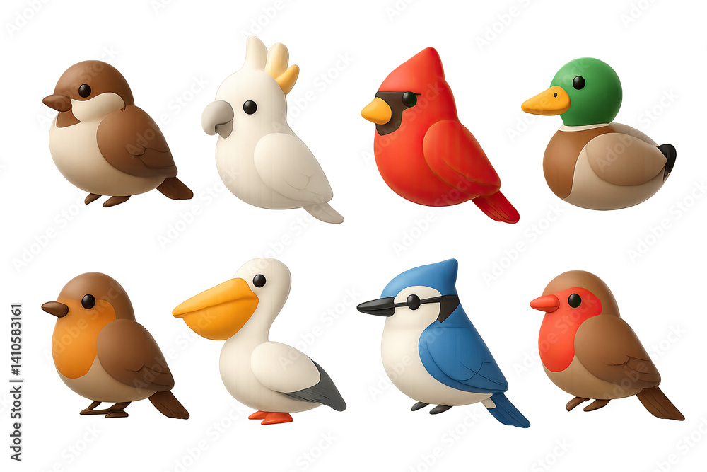 3D icon set of migratory birds: sparrow, cockatoo, cardinal, duck, robin, pelican, blue jay, finch. 3d icon. icons set of 3d style in a modern design. Isolated