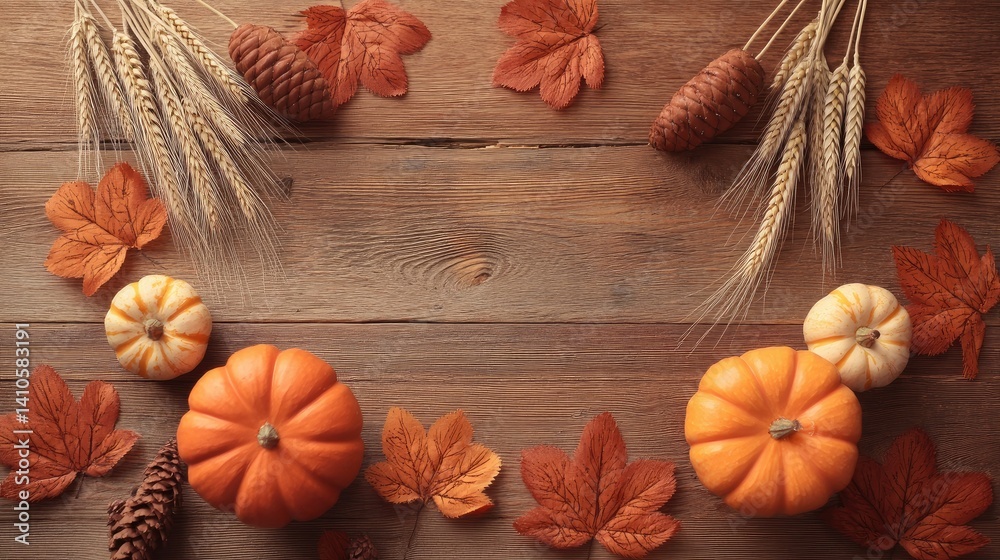 Rustic autumn frame made of leaves, pumpkins, and wheat on a wooden background Rustic autumn frame made of leaves, pumpkins, and wheat on a wooden background