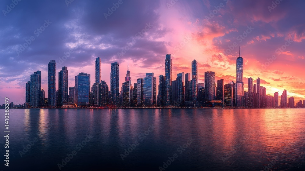 Obraz premium Vibrant sunset over chicago skyline reflecting on lake michigan waters