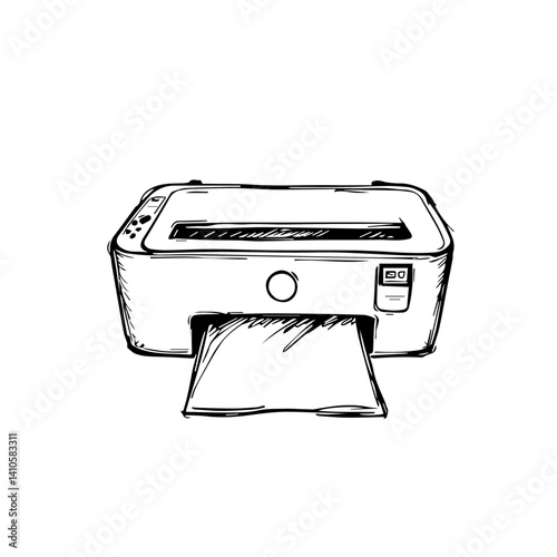 Printer Illustration with Document Output on White Background for Office Supplies, Technology Blogs, Education Resources, and Digital Communication Content