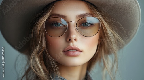 Young caucasian female with hat and glasses – fashion portrait close-up