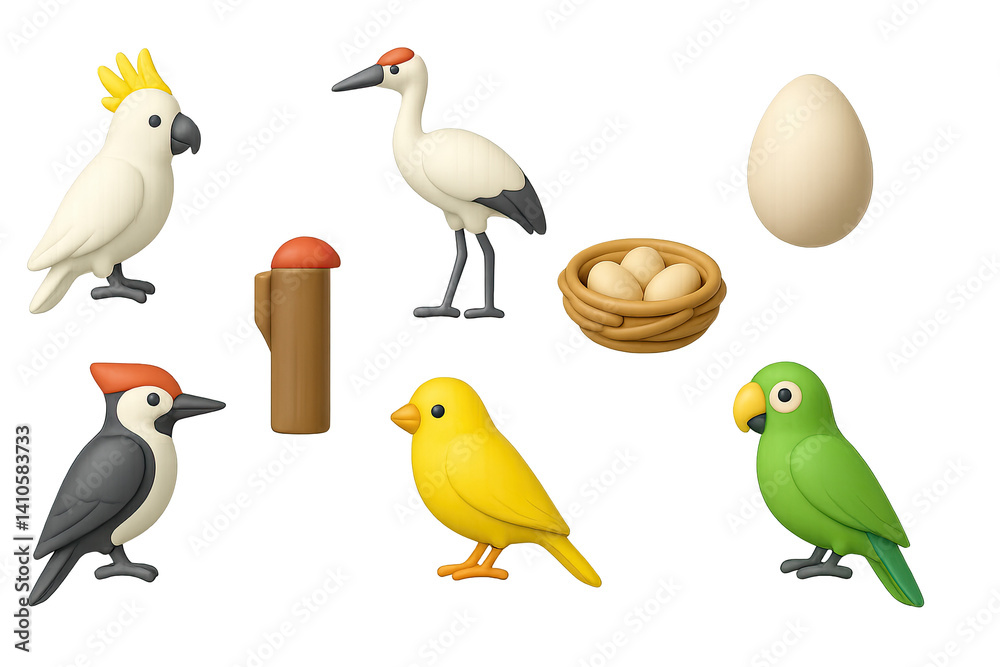 3D icon set of birdwatching: cockatoo, crane, egg, nest, woodpecker, cardinal, canary, parrot. 3d icon. icons set of 3d style in a modern design. Isolated