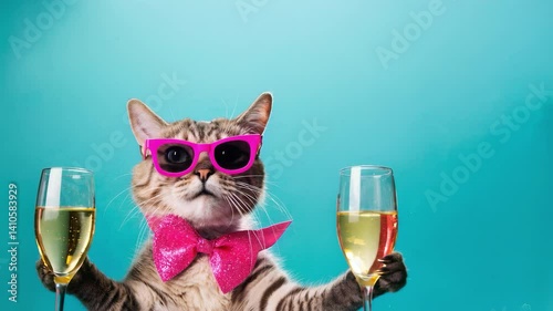Funny Cat Holding Champagne Glasses, Pink Bow Tie and Glasses, Teal Background with Copy Space, Celebration 