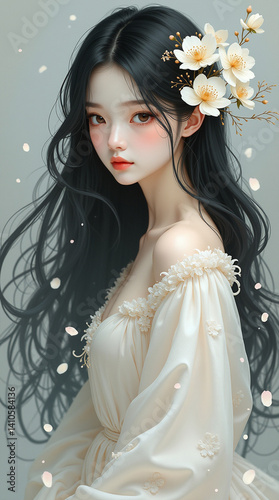 A serene maiden adorned with delicate white blossoms, a vision of ethereal beauty in a flowing cream gown, captured in soft, dreamy light.