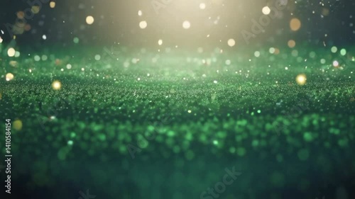 Green glitter and particles falling on a dark background with a warm light