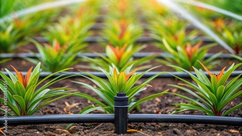 A detailed shot of waterefficient landscaping featuring drip irrigation systems with visible tubing and emitters strategically p a vibrant plants. photo