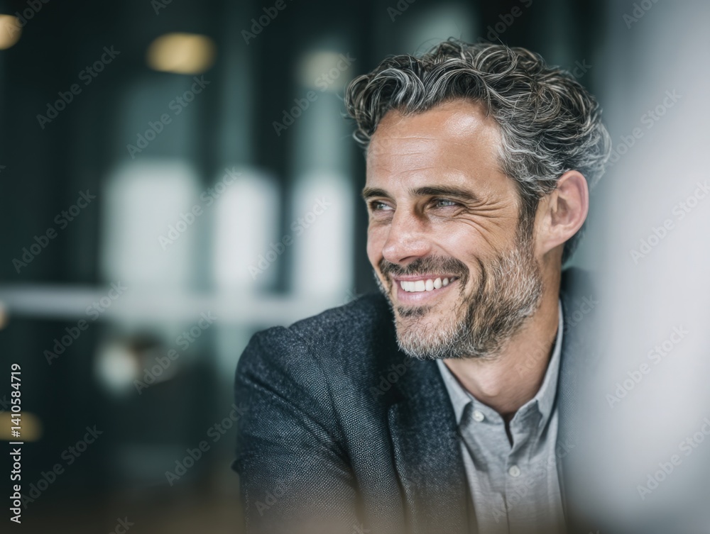 Fototapeta premium Confident mature businessman smiling in an office environment, representing success and leadership. Perfect for corporate websites, business articles, and executive profiles.