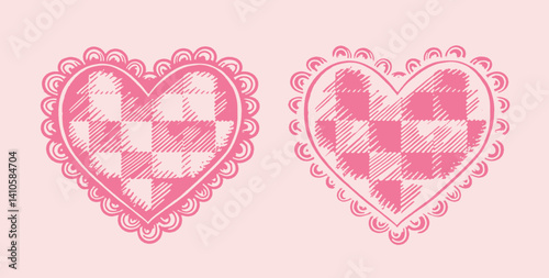 Set of Two Hand Drawn Hearts with Gingham Pattern and Scalloped Edges  Cute Pink Sketch Doodle Illustrations for Valentine's Day or Craft Themes