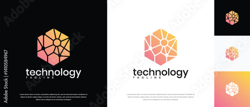 Technology connection hexagon logo design. Technology connection logo template. Technology logo symbol icon
