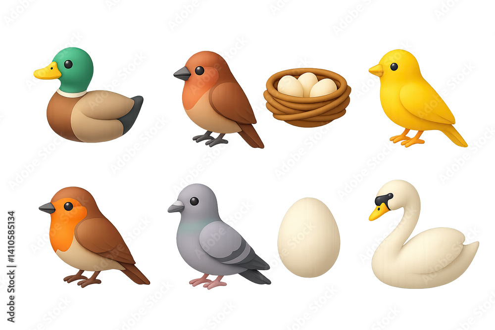3D icon set of wild birds: eagle, robin, parrot, canary, woodpecker, sparrow, crane, pelican. 3d icon. icons set of 3d style in a modern design. Isolated 3D icon set of wild birds: eagle, robin, parrot, canary, woodpecker, sparrow, crane, pelican. 3d icon. icons set of 3d style in a modern design. Isolated