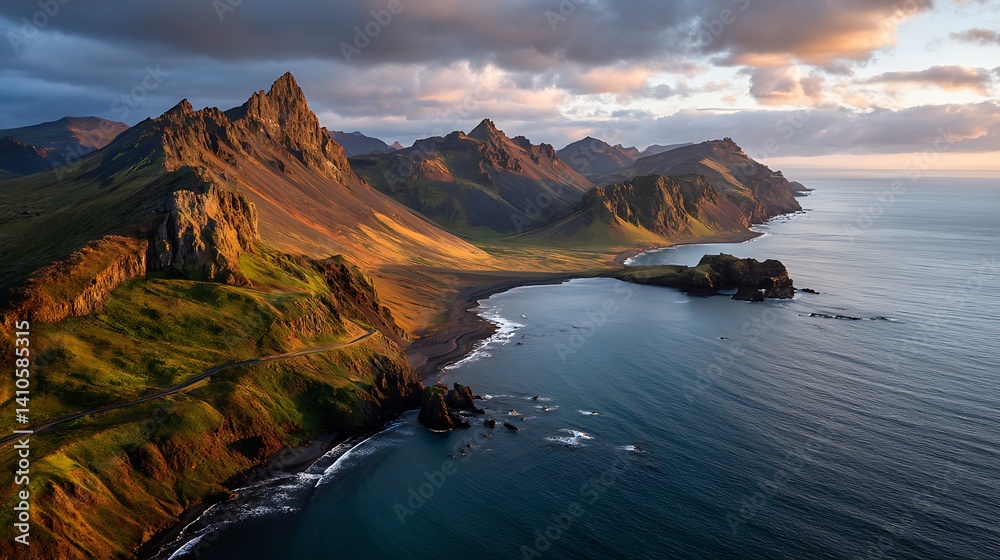 Fototapeta premium Dramatic coastal mountains at sunrise