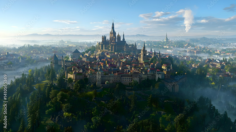 Fototapeta premium Aerial View Of A Medieval Hilltop City In Misty Morning Light
