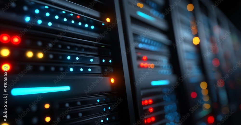Cloud computing data storage is depicted in a 3D rendering, featuring a server in a datacenter