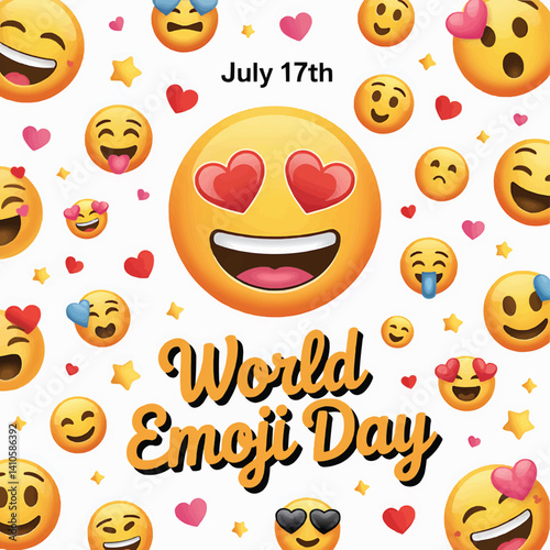Vector Background of Yellow Emojis and Laughing Face for Celebrating World Emoji Day, July 17
