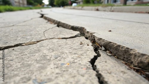 A medium closeup of a cracked concrete slab undergoing healing with a focus on the expulsion of a viscous healing agent from microcapsules within the crack.