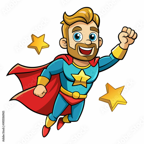 Cartoon superhero dad flying with cape and stars, perfect for Father's Day-themed digital artwork, gifts, and greeting designs.