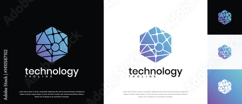 Technology connection hexagon logo design. Technology connection logo template. Technology logo symbol icon