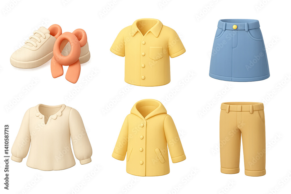 3D icon set of spring fashion trends: layered outfit, floral dress, pastel shirt, sneakers, jean skirt, trench coat, tote bag, cotton blouse. 3d icon. icons set of 3d style in a modern design.