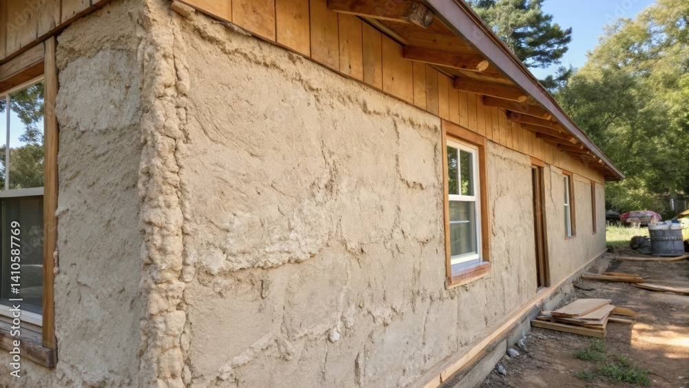 A medium closeup of an insulated wall section finished with a natural plaster displaying the texture and warmth of the biobased insulation beneath the smooth surface layer. A medium closeup of an insulated wall section finished with a natural plaster displaying the texture and warmth of the biobased insulation beneath the smooth surface layer.