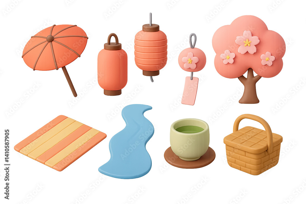 3D icon set of sakura festival: parasol, japanese lantern, wind chime, hanami mat, river, cherry blossom tree, tea cup, picnic basket. 3d icon. icons set of 3d style in a modern design. Isolated