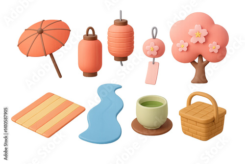 Obraz na płótnie 3D icon set of sakura festival: parasol, japanese lantern, wind chime, hanami mat, river, cherry blossom tree, tea cup, picnic basket. 3d icon. icons set of 3d style in a modern design. Isolated w salonie