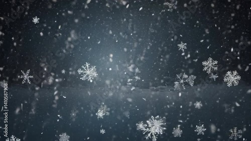 Snowflakes falling quietly on dark background