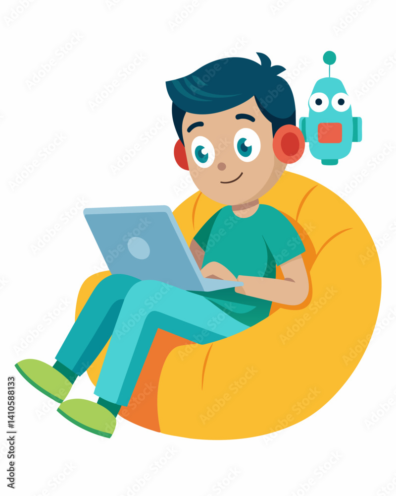 A child lounging on a beanbag chair coding a robot to make funny noises and perform silly movements.. Vector illustration A child lounging on a beanbag chair coding a robot to make funny noises and perform silly movements.. Vector illustration