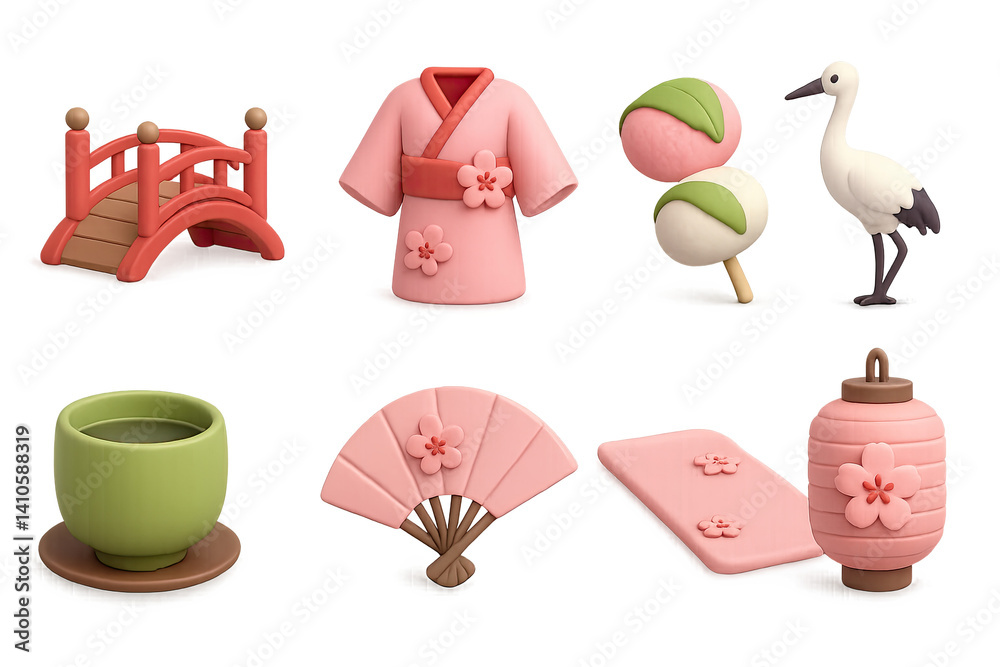 3D icon set of sakura blossom: sakura branch, pagoda, falling petal, cherry blossom tree, parasol, paper fan, japanese sweets, mount fuji. 3d icon. icons set of 3d style in a modern design. Isolated